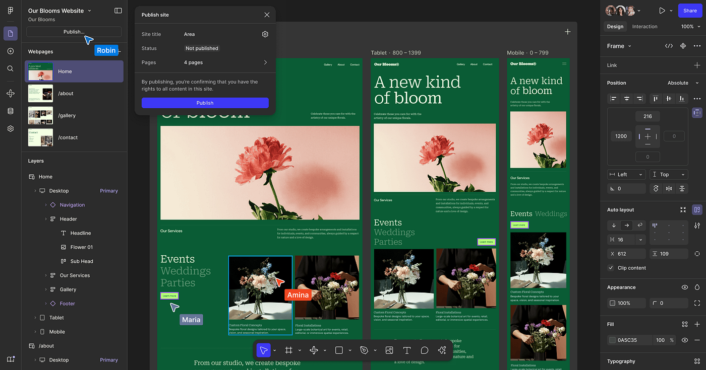 Figma Sites interface with sidebars, toolbar, and canvas in display, editing a webpage with multiple breakpoints