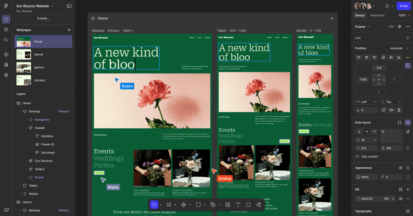 Figma Sites interface with sidebars, toolbar, and canvas in display, editing a webpage with multiple breakpoints