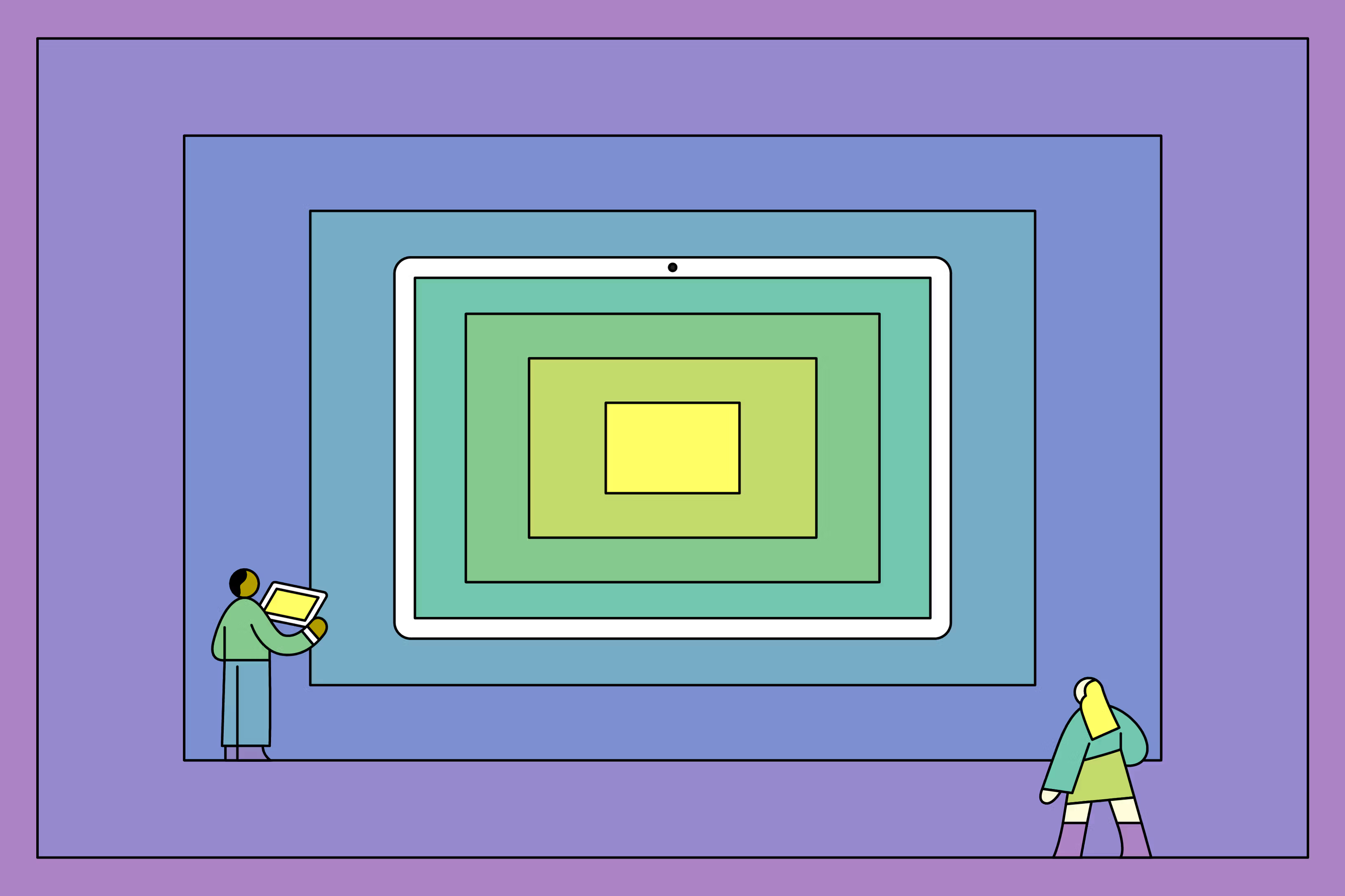 An illustration showcasing tiny people looking into many frames