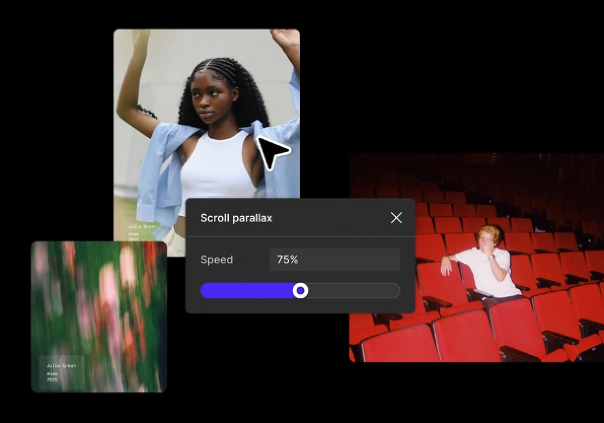 A scroll parallax interaction modal on top of three photos